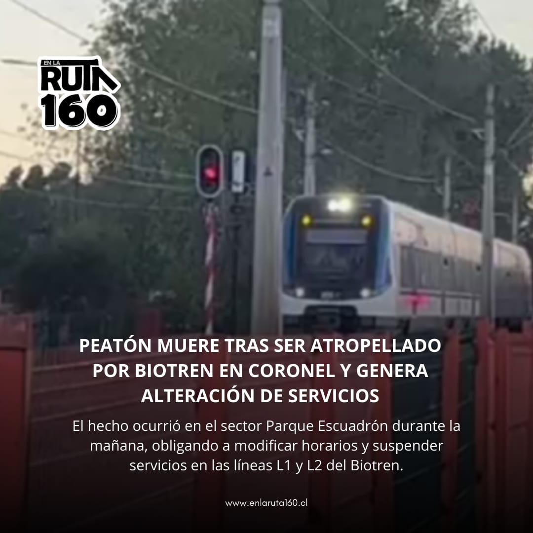enlaruta160's tweet photo. 🚨 #CORONEL |Peatón fallece tras ser atropellado por el #Biotren en sector Parque Escuadrón.
Esta mañana cuando el tren que se dirigía a Concepción impactó al transeúnte por causas que se investigan.🚔
🔴Servicio L2 con alteraciones y suspensión de recorridos en L1.
#Enlaruta160 https://t.co/BvCIea51eu