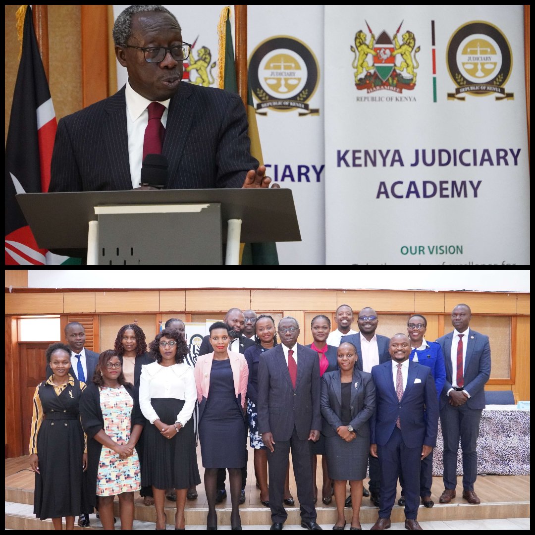 KJA_Kenya's tweet photo. A journey of growth, resilience, and service: Hon. Justice William Ouko walks newly recruited Magistrates through his path of 39 years from the magistracy (DM II) to the Supreme Court during their induction @Kenyajudiciary @jsckenya @KMJA_KENYA @LawSocietyofKe @NCAJ_KE https://t.co/a25jsWOi8r
