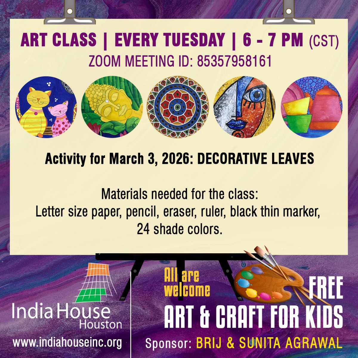 indiahouse's tweet image. Let creativity branch out in beautiful ways! 🍃🎨
Join India House’s free online Art &amp;amp; Craft class every Tuesday, 6:00–7:00 pm (CST) on Zoom, for kids ages 8–14.
March 3, 2026 Activity: Decorative Leaves!
Know more: indiahouseinc.org/art-classes-20…

#art #OnlineClasses #learning #kids