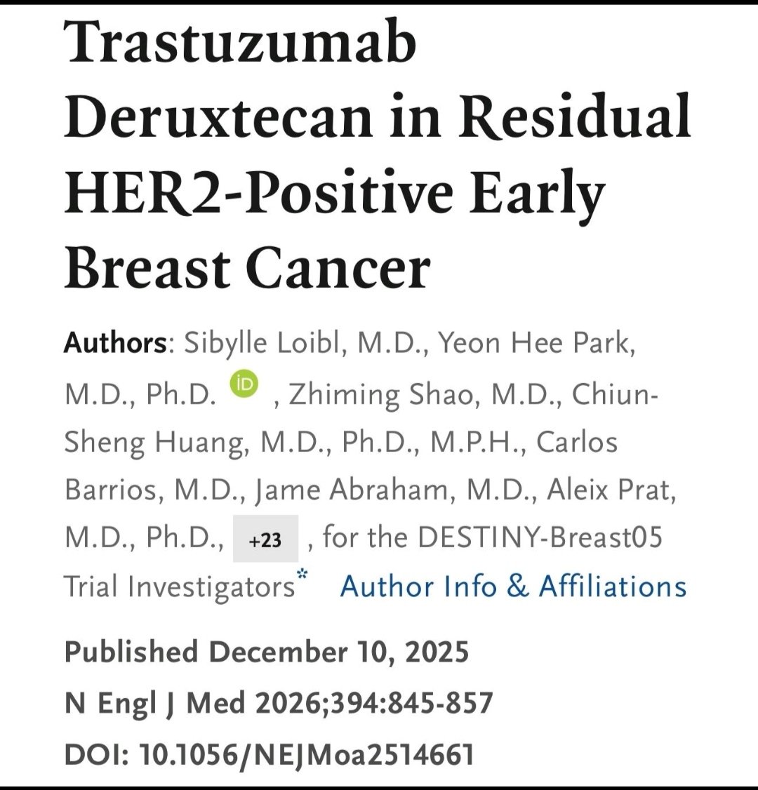 dotdatd's tweet photo. Post neo-adjuvant trastuzumab deruxtecan demonstrated a significant improvement in invasive diseases free survival compared to transtuzumab emtansine
.3 years invasive DFS: 92.4% v/s 83.7%
.HR 0.47(p< 0.001)
However interpretation must be carefully balance efficacy with toxicity https://t.co/zwcvvsTIT0