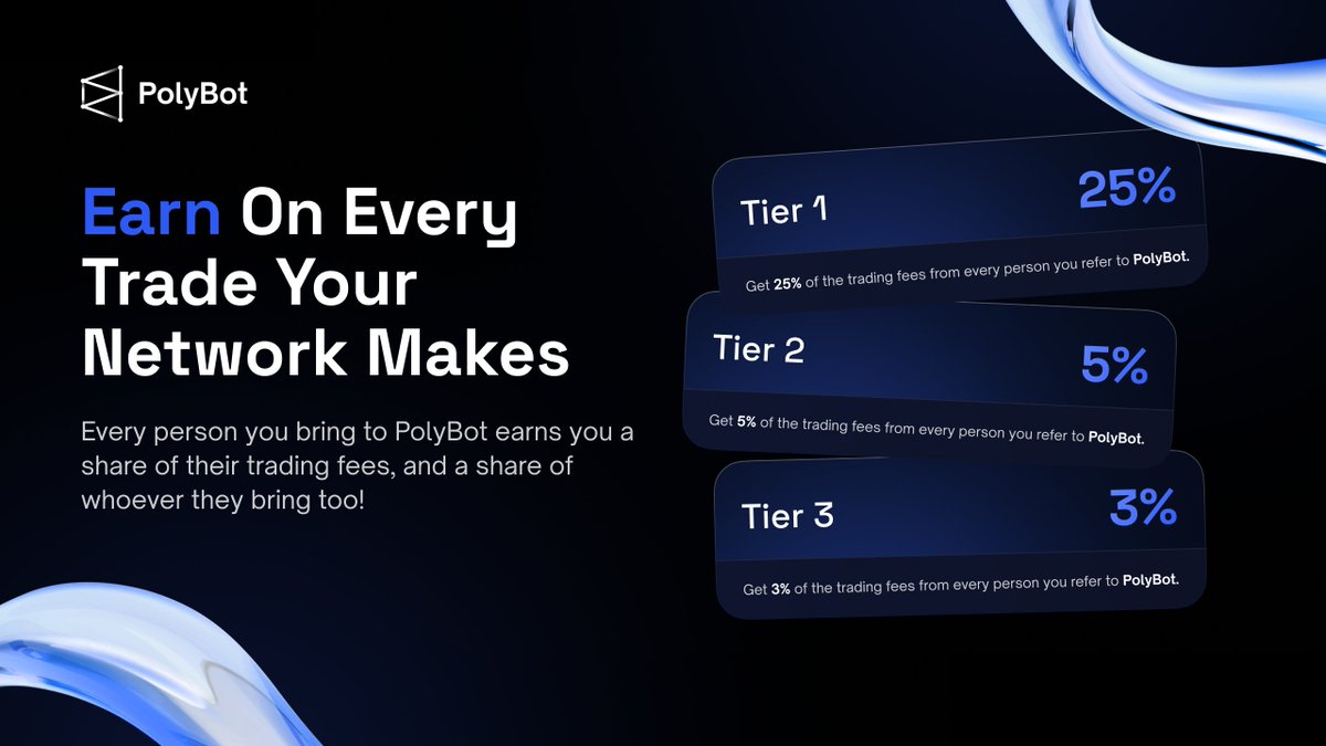 TradePolyBot's tweet photo. The best time to share your PolyBot referral link was day one.
The second best time is NOW.

Three tiers of passive earnings on every trade your network makes. Paid in USDC directly to your wallet.

Every day. Every trade. Automatically. https://t.co/zHb1Jqmcdz