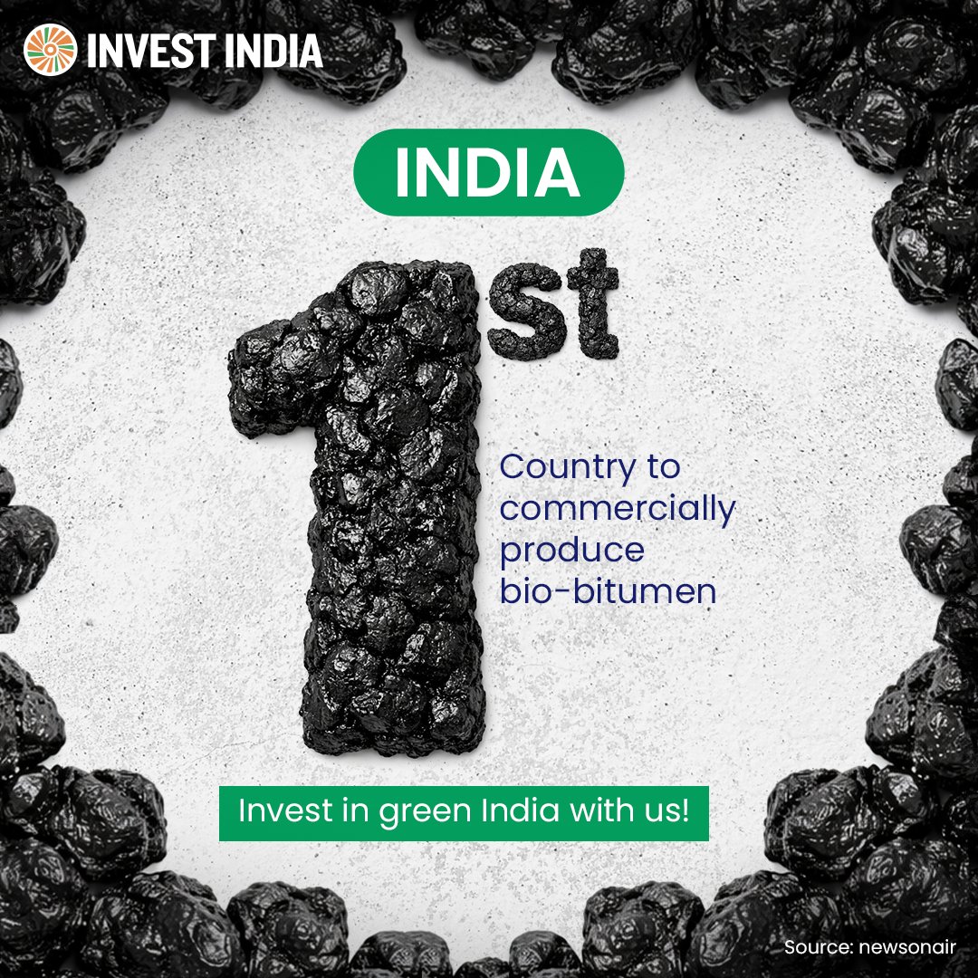investindia's tweet image. Setting a global benchmark, India is transforming road construction through commercial #biobitumen production - a low-carbon innovation for a greener future.

Partner with India to #invest in a greener future: tinyurl.com/II-Construction

#InvestIndia @DPIITGoI @DoC_GoI @MORTHIndia