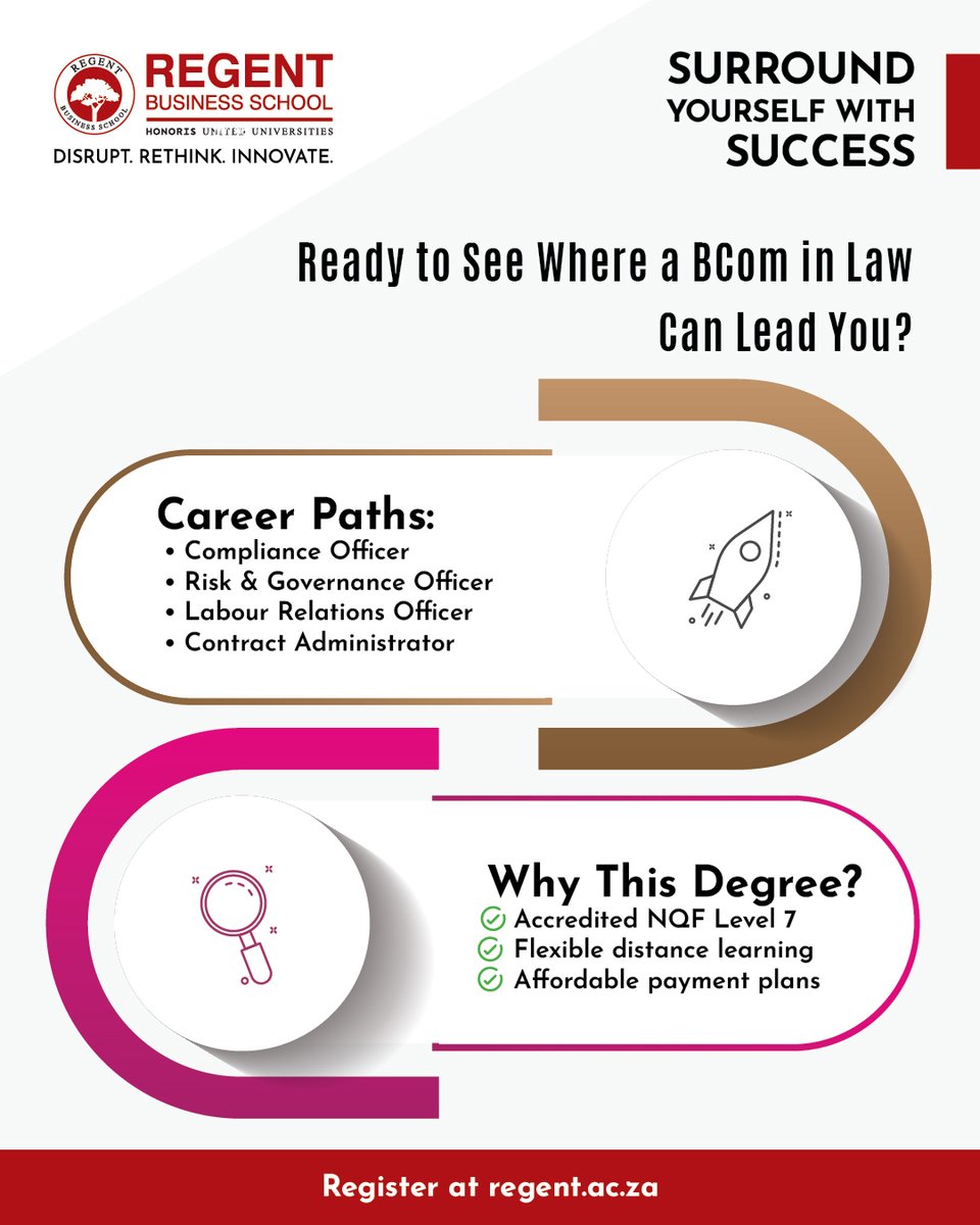 REGENT_BSchool's tweet photo. A BCom in Law can lead to careers in Compliance, Risk &amp; Governance, Labour Relations, and Contract Administration. Accredited. Flexible. Built for working professionals.  

Register now: https://t.co/eseJ1FWzA1

#RegentBusinessSchool #BComLaw https://t.co/azcAToF9p9