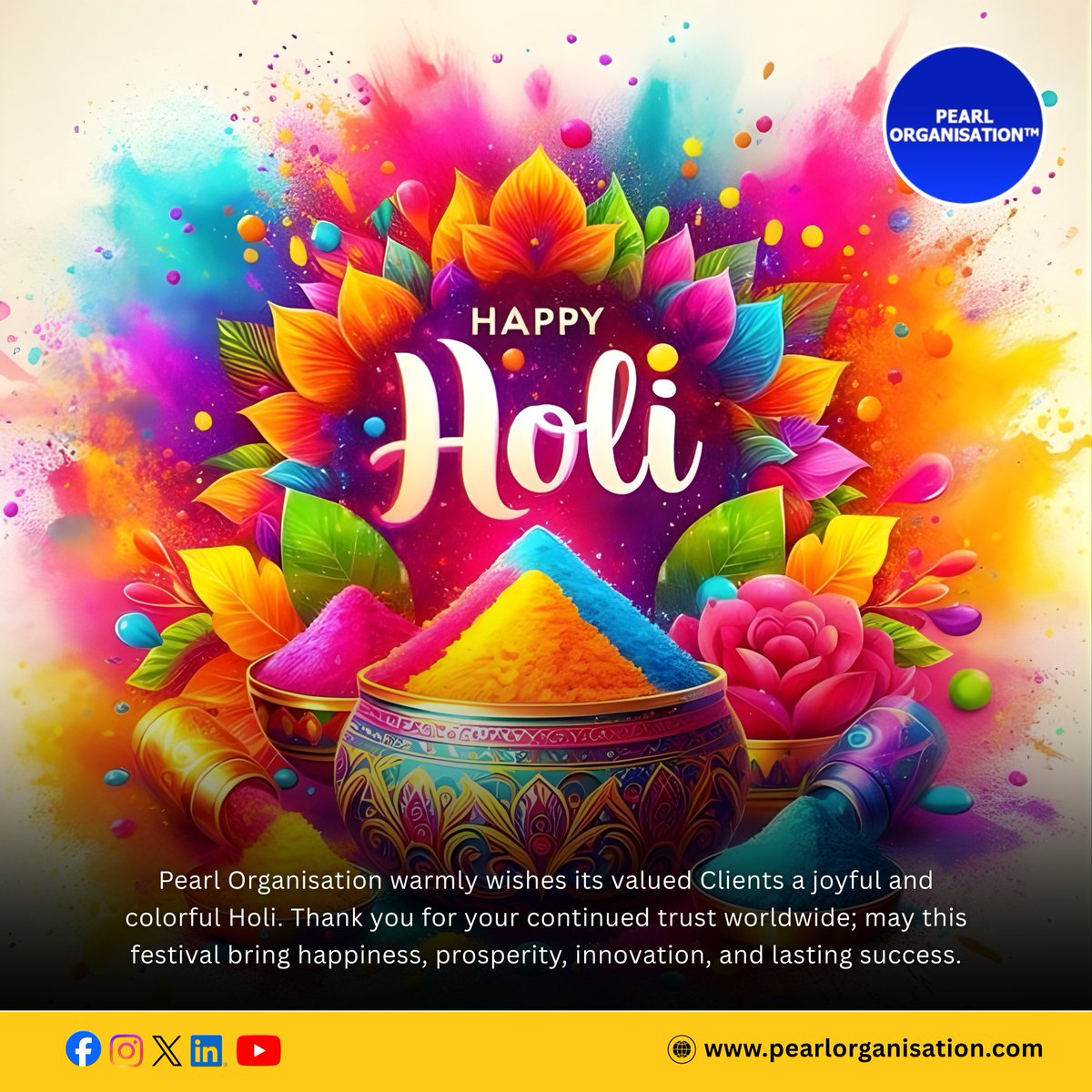pearlorgs's tweet photo. Warm wishes for a vibrant Holi from Pearl Organisation! 🌈 We thank our global clients for their continued trust and wish you a season filled with happiness, innovation, and lasting success. ✨
#HappyHoli #Holi2026 #Innovation #GlobalSuccess #PearlOrganisation #FestivalOfColors https://t.co/B9740HzAZH