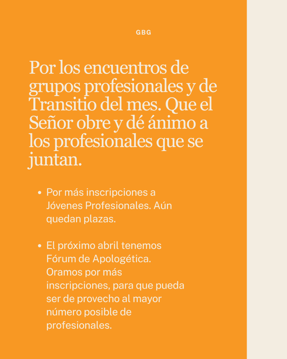 Estrenamos marzo y tenemos nuevos motivos de oración. Este mes, seguimos oramos por una parte del equipo. En esta ocasión: Javi, Aislinn y Ana. 
Los motivos completos están en:  gbunidos.es/boletin-de-ora…