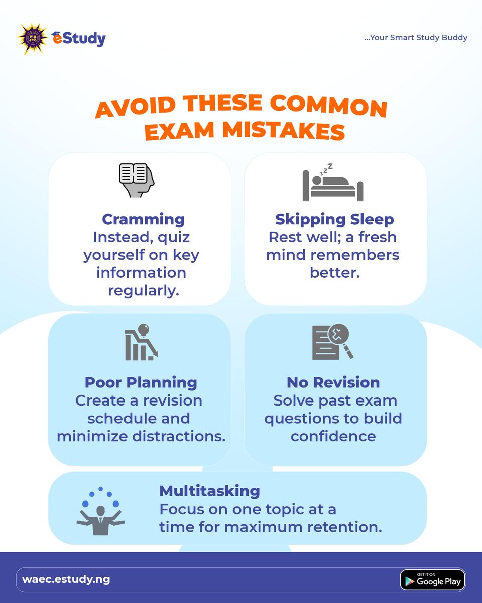 eStudy_ng's tweet photo. Preparing for your exams? 
Avoid these common mistakes, a few simple changes can make your preparation more effective!

For access to official WAEC past questions, sign up at https://t.co/CofciLoc6C to get started. 

#wassce #waecestudy #studytips https://t.co/D0u8BZCXoT