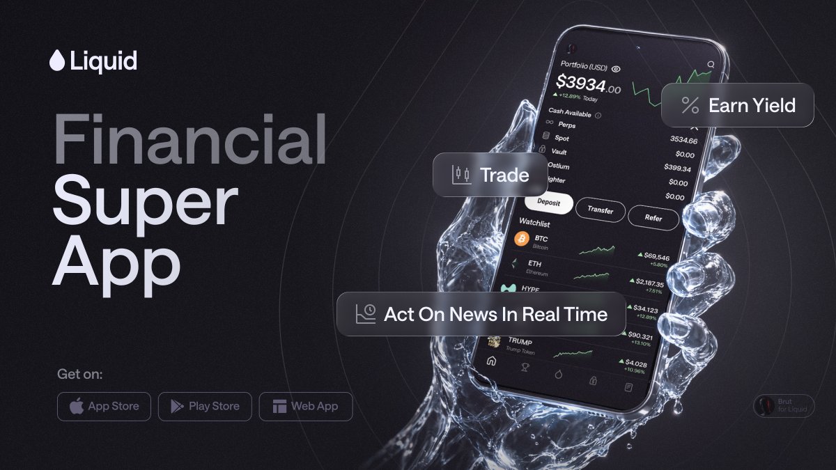 etobrutal's tweet photo. Liquid is a financial super app.

You can trade.
You can earn yield.
You can act on news in real time.

▹ All in one place.
If you believe an asset will go up,
you should earn when you’re right.

If you’re confident,
you should earn more.

/ With Liquid you can:
▹ Increase your position size with multipliers
▹ Open trades directly from news
▹ Earn up to 14% APY on deposited funds
▹ Earn 50% of the trading fees your referrals pay

Available on iOS, Android, and Web.
Conviction should pay.

@liquidtrading