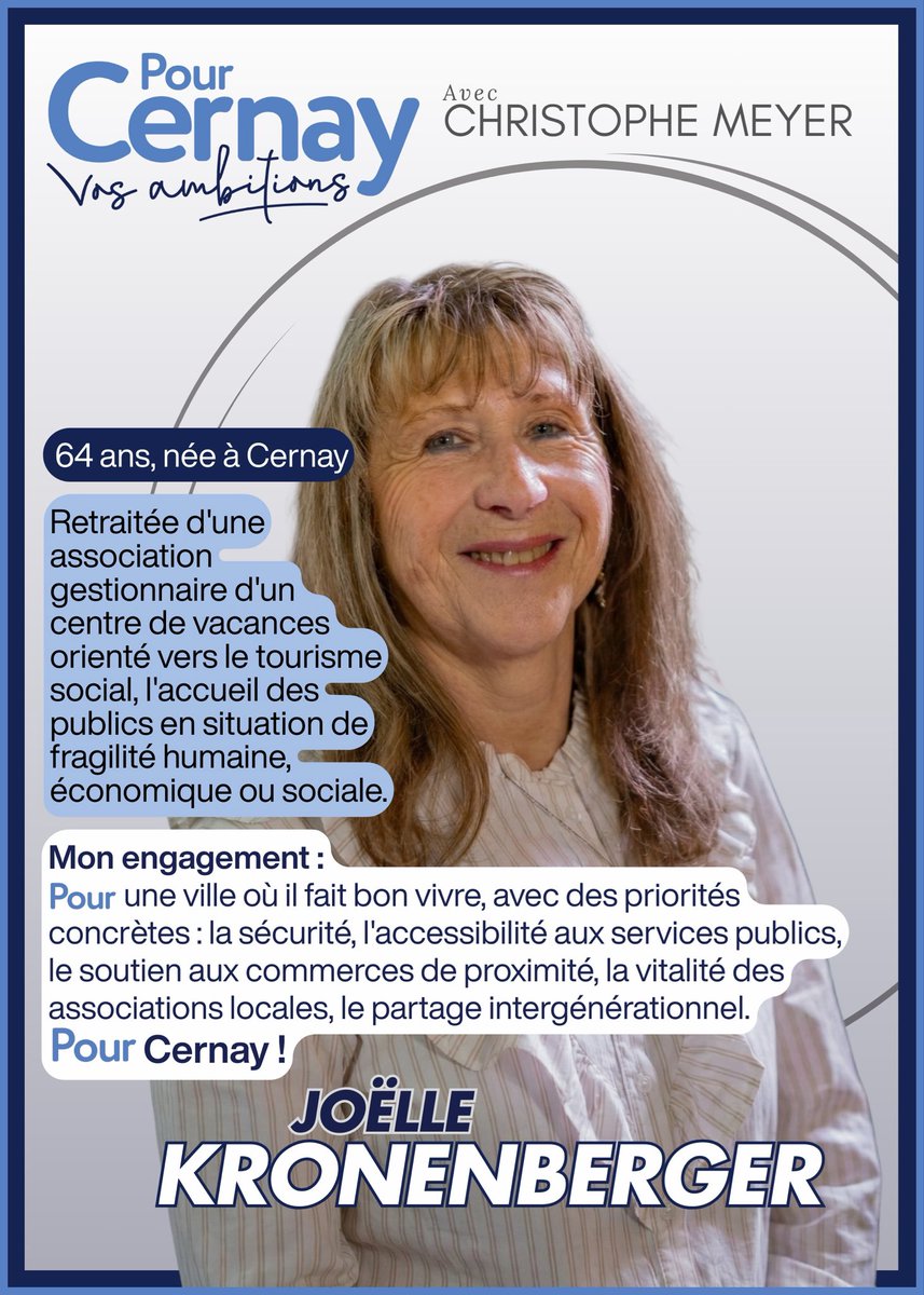 Christophe68700's tweet photo. La personnalité du jour de la liste Pour Cernay : Joëlle Kronenberger. Très récemment à la retraite elle a une très forte expérience dans la gestion.

Elle a longtemps œuvré dans l’accueil de personnes en fragilité économique sociale ou économique. Avec humanité et empathie. https://t.co/PtZb2VeQGE