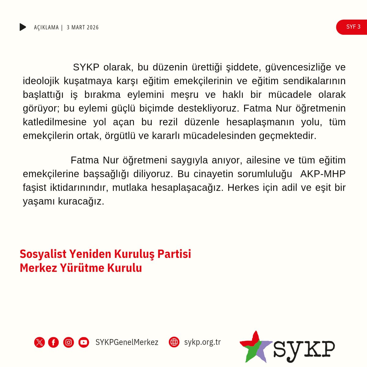 Fatma Nur öğretmeni saygıyla anıyor, ailesine ve tüm eğitim emekçilerine başsağlığı diliyoruz. Bu cinayetin sorumluluğu AKP-MHP faşist iktidarınındır, mutlaka hesaplaşacağız. Herkes için adil ve eşit bir yaşamı kuracağız.