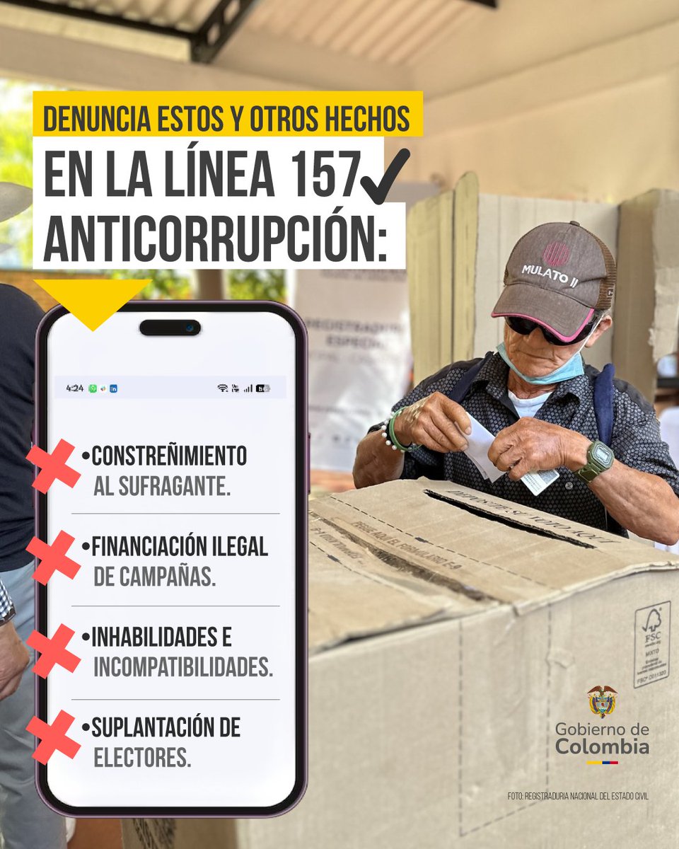 📞 La línea 157 Anticorrupción estará habilitada para que reportes cualquier irregularidad que evidencies previo y en la jornada electoral de este 8 de marzo.

Denuncia delitos como:

👉🏽 Constreñimiento al sufragante, financiación ilegal de campañas, inhabilidades e