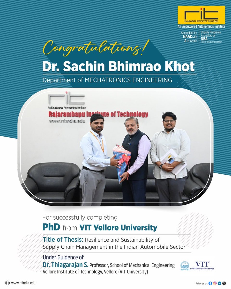 ritindia1983's tweet image. 🎓 Congratulations to Dr. Sachin B. Khot, Dept. of Mechatronics, on earning his PhD in Mechanical Engineering from Vellore Institute of Technology!

#PhDAchievement #ResearchExcellence #MechanicalEngineering #ProudMoment