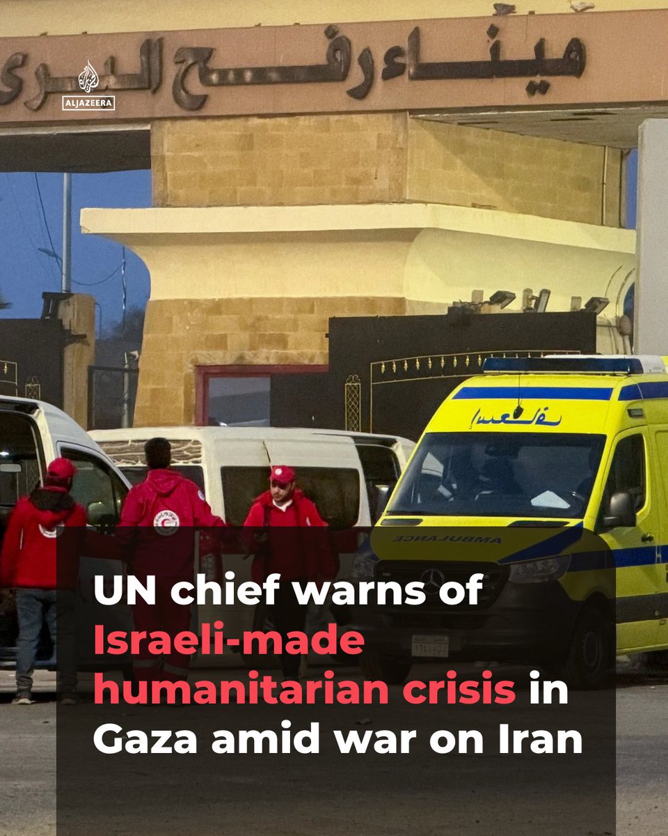 AJEnglish's tweet photo. UN Secretary-General Antonio Guterres has called for Israel to reopen Gaza’s border crossings, which have been closed by Israel since its forces launched a war against Iran with the US https://t.co/aYeGvfVaCk https://t.co/13V0w2u5Ig
