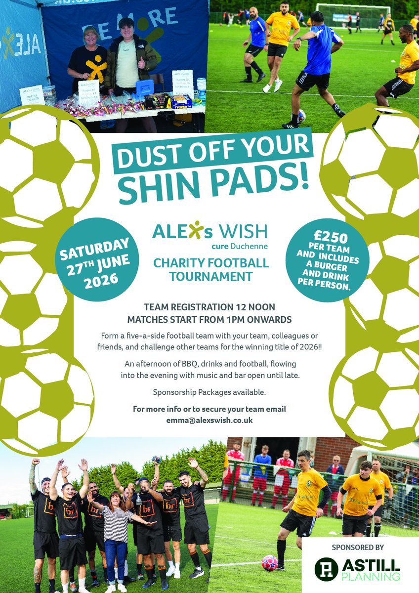 QuornAFC's tweet photo. We're delighted to announce the return of Alex's Wish for their annual tournament. Form a 5-a-side team with colleagues or friends &amp; challenge other teams to be the 2026 Champions! An afternoon of BBQ, drinks &amp; football. Sign up here:

https://t.co/UflzCl4BWY

#BeMoreAlex https://t.co/YBLJFNfbEC