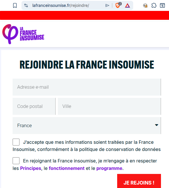 🔴LFI n'est pas un parti : association sans adhérents autres que son bureau, elle n'a que des sympathisants qui la "rejoignent" avec ce formulaire internet. 
Pas de cotisation.
Pas de bouton "Quitter". 

LFI est une newsletter qui ne compte que les entrées pas les sorties