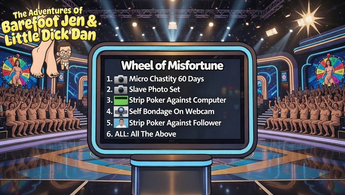 taobfjaldd's tweet photo. To celebrate over 50 followers, Barefoot Jen will spin the Wheel of Misfortune! Humiliating dares await Little Dick Dan, stay tuned for his tiny shame! ๐ #WheelOfMisfortune #BarefootJen #LittleDickDan #CFNMDares #SPHFun #CuckLife #HumiliationWheel #NudeDares #BarefootDomme #lol https://t.co/c8L8prpoS7