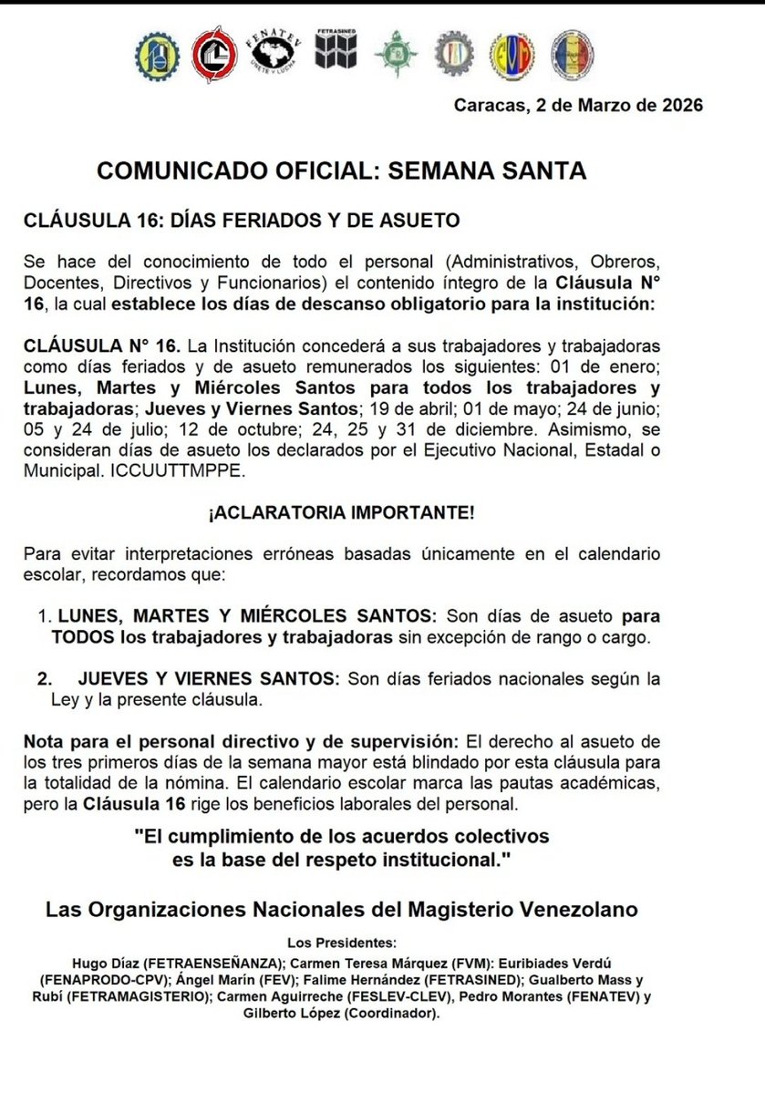 Comunicado de las #federaciones del sector #educación en torno a los dias de semana santa.