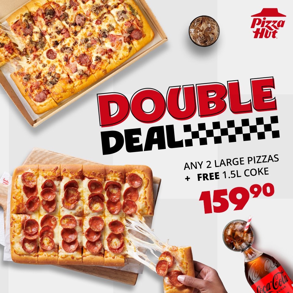 PIZZAHUTSA's tweet image. Weather got you down? ☔ Dabble with the delectable Double Deal. Dinner sorted fam! 🍕😍🔥 

🍕 Two large pizzas
🥤 FREE 1.5l coke
🫰Only R159.90 

T's &amp;amp; C's Apply | Limited Time Only 
#pizzahut #doubledeal #dinnerideas #valueformoney #feedthefam