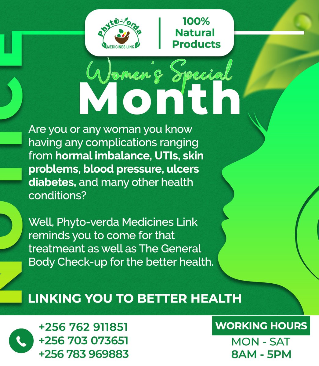 phytoverda's tweet photo. 📌As we celebrate Women's Day on 8th of this Month, visit us for better health with our herbal medicines, nutritional supplements, and stem cell products.

All our products are 100% natural.
Ladies, come get treated and start your medications this month.

VISIT US SOON! https://t.co/aUxHnnI4pw