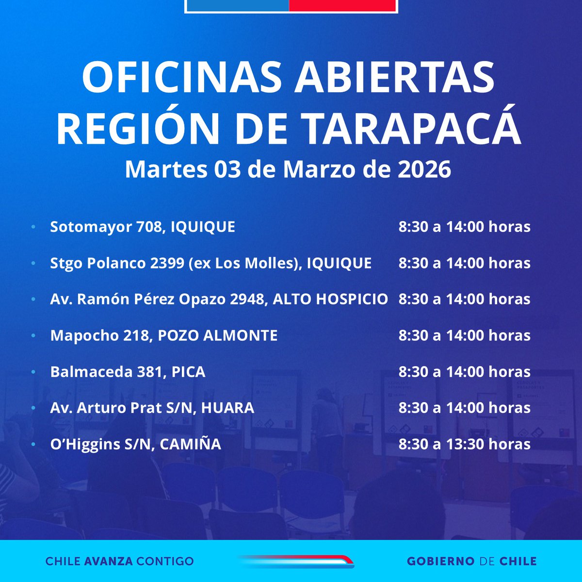 ¡Buenos días! Te dejamos esta información con las oficinas de nuestro Servicio que hoy martes están atendiendo en #Tarapacá.

#Iquique #AltoHospicio #PozoAlmonte #Pica #Huara #Camiña
