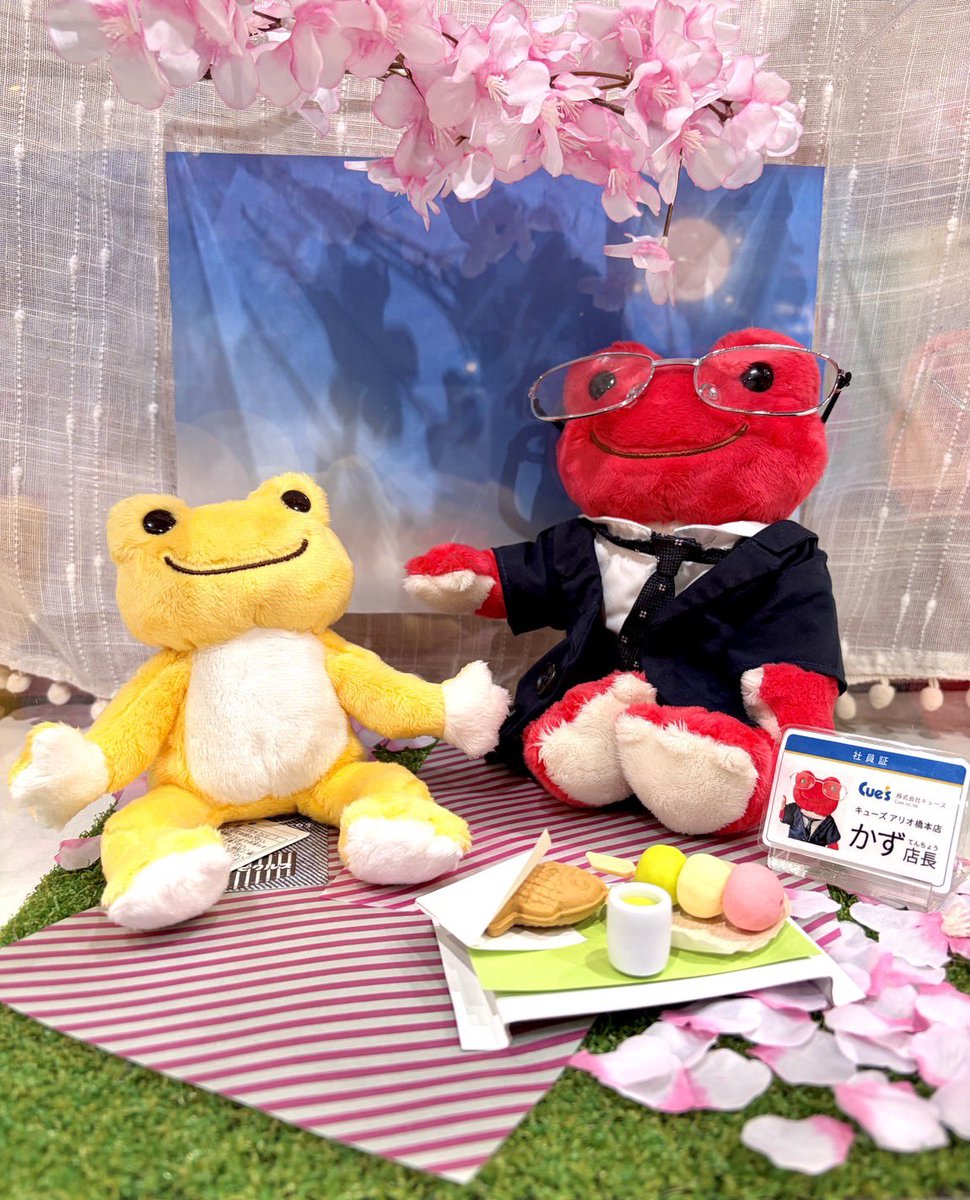 Pickles_Cues's tweet photo. キューズ橋本店のフォトスポットを
桜に変更しました！🌸
かず店長はたい焼きと3色団子を食べて
お花見を楽しんでます🍡
ご来店お待ちしております(*ˊᵕˋ*)

 #かえるのピクルス https://t.co/FXML56IZki
