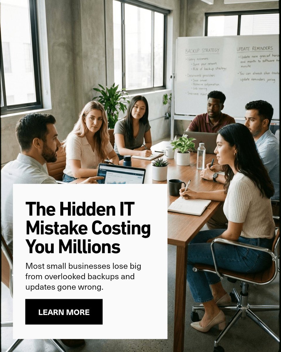 ITMSP1's tweet photo. What's the most costly IT mistake you make? It's not what you expect. Small businesses with 5-50 users often suffer massive losses from overlooked IT issues like poor backup strategies or unmanaged updates. Let's fix that before it costs you more. https://t.co/HUUb16YBR3
