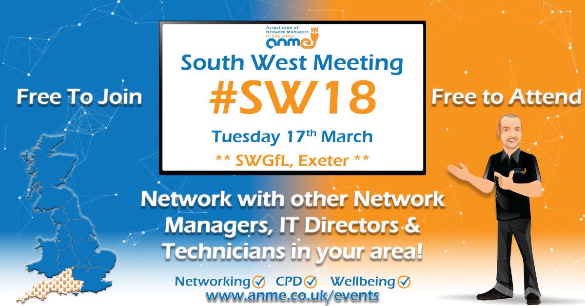 TheANME's tweet photo. South West Meeting 18 - #SW18
17 March | Exeter

Hosted by SWGfL with insight from their national online safeguarding work, plus a practical tabletop exercise from 9ine.

Free for ANME members - lunch included.

https://t.co/fLW9bFZWv6

#ANME #EdTech #networking #CPD #wellbeing https://t.co/Y3aBAzP9JU