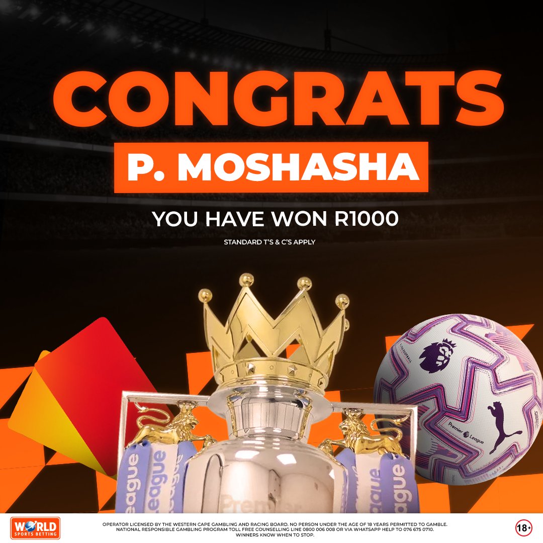 WorldSportsBet's tweet image. Congratulations to 🎉

P. Moshasha - Arsenal vs Chelsea
K. Rabothata - Chiefs vs Pirates

​​​You are the winners of the score predictors last weekend and have both scored yourself R1,000 CASH! 💰 ⚽ 🔥 ​​​​​​

​ #WSB #ScorePredictor #WinnerAlert #BetWithTheBest