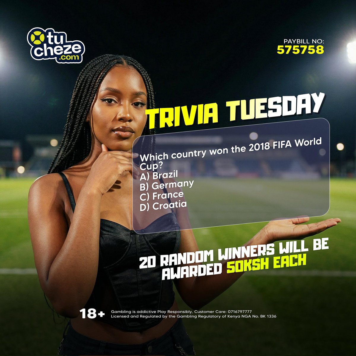 tucheze_com's tweet photo. Trivia Tuesday mapema ndio best changamka!
Which country won the 2018 FIFA World Cup?
A) Brazil
B) Germany
C) France
D) Croatia
π 20 winners watashinda 50/= each
Drop answer yako kwa comments, usichelewe!
#Tucheze #HomeOfWinners #TriviaTuesday https://t.co/pWFKyMdKYM