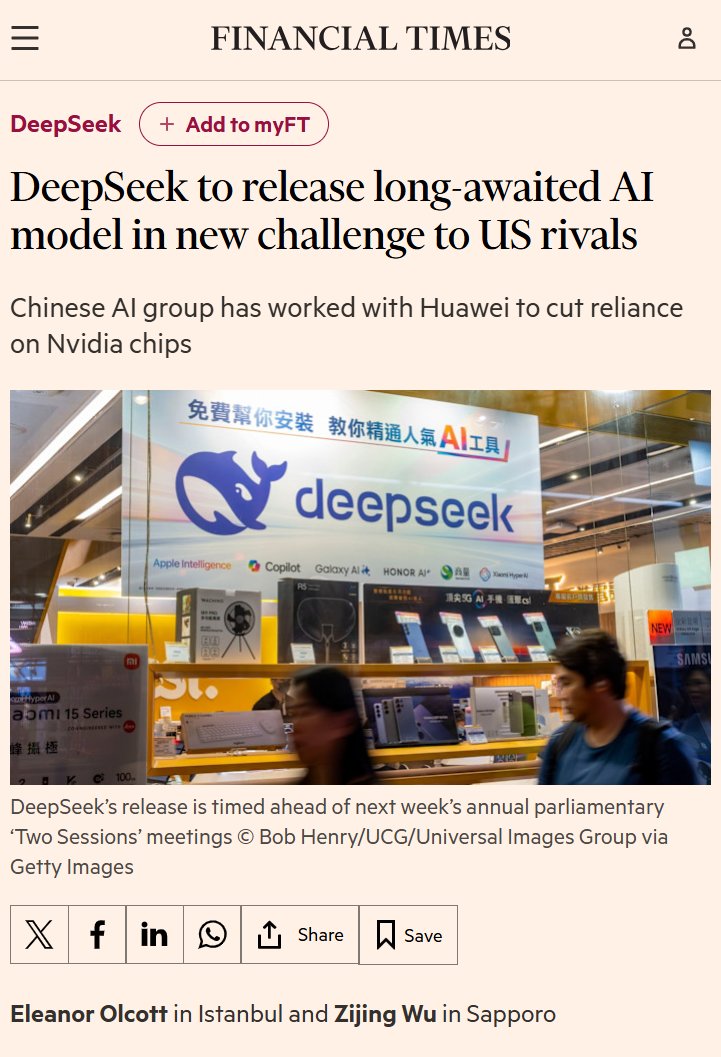 🚨DeepSeek V4 drops this week.

Trillion parameters. Multimodal. Text + image + video.

Optimized for Huawei/Cambricon chips

Open source. From China. For free.