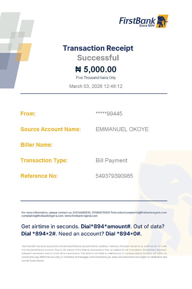 IchieHighway's tweet photo. @FirstBankngr @FBN_help
Good morning, I mistakenly recharged my Airtel line while the biller I selected was MTN through my first bank mobile app and the airtime wasn't credited. Please I want the money refunded to my account. Recharged line is 09046274987 https://t.co/myKPMjNXtt