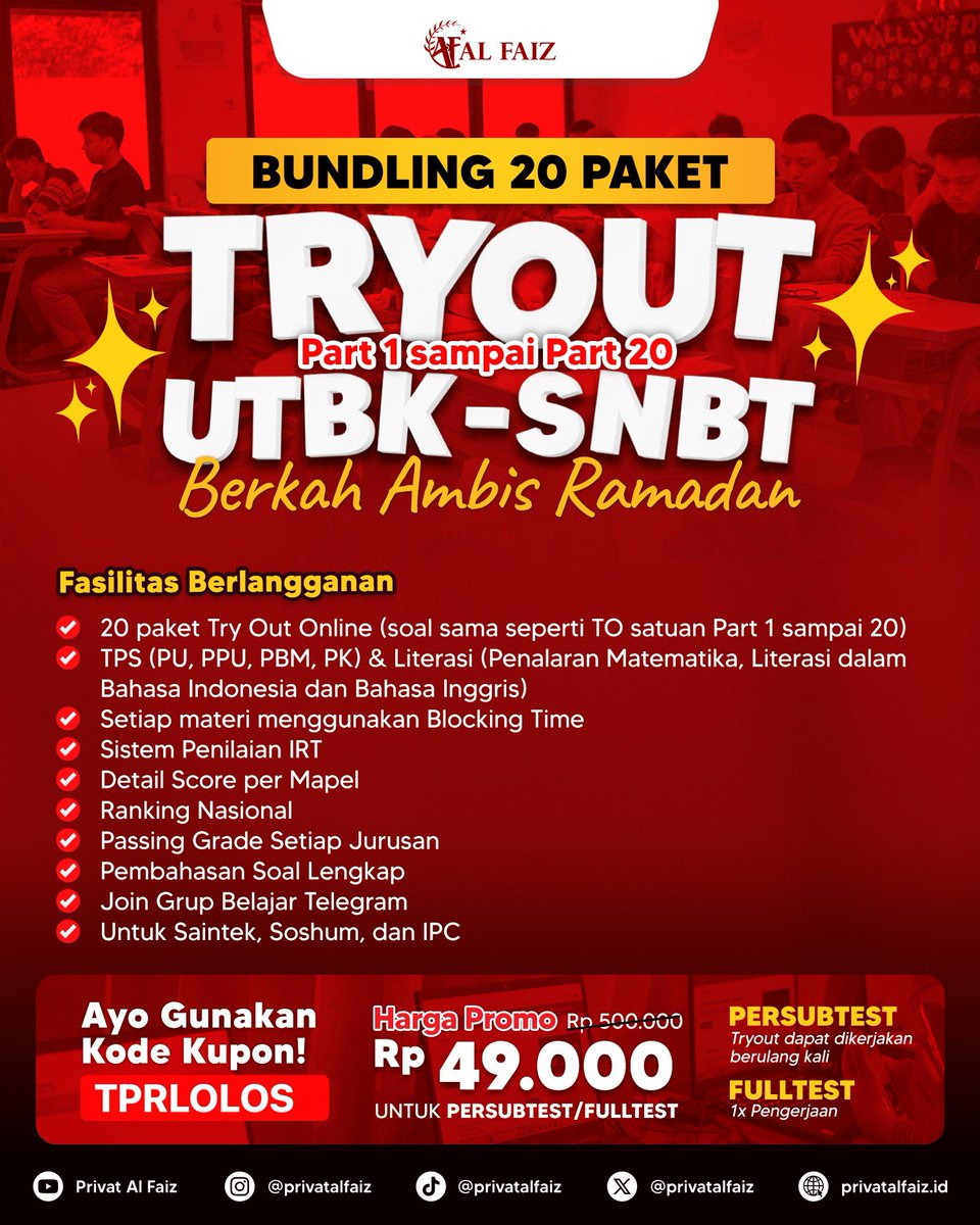 hellowgirl_'s tweet photo. H-46 UTBK‼️ 

Halo adik-adik, UTBK tinggal menghitung hari. Ini bukan waktu yang sebentar, manfaatkan sisa waktumu untuk drilling latian soal ya😉

Privat Alfaiz menyediakan bundling 20 paket cuma 49K! Tunggu apalagi beli saat ini juga😍

#utbk2026 #PTN #zonauang #AMBISVERSE https://t.co/ECYviZiGfQ