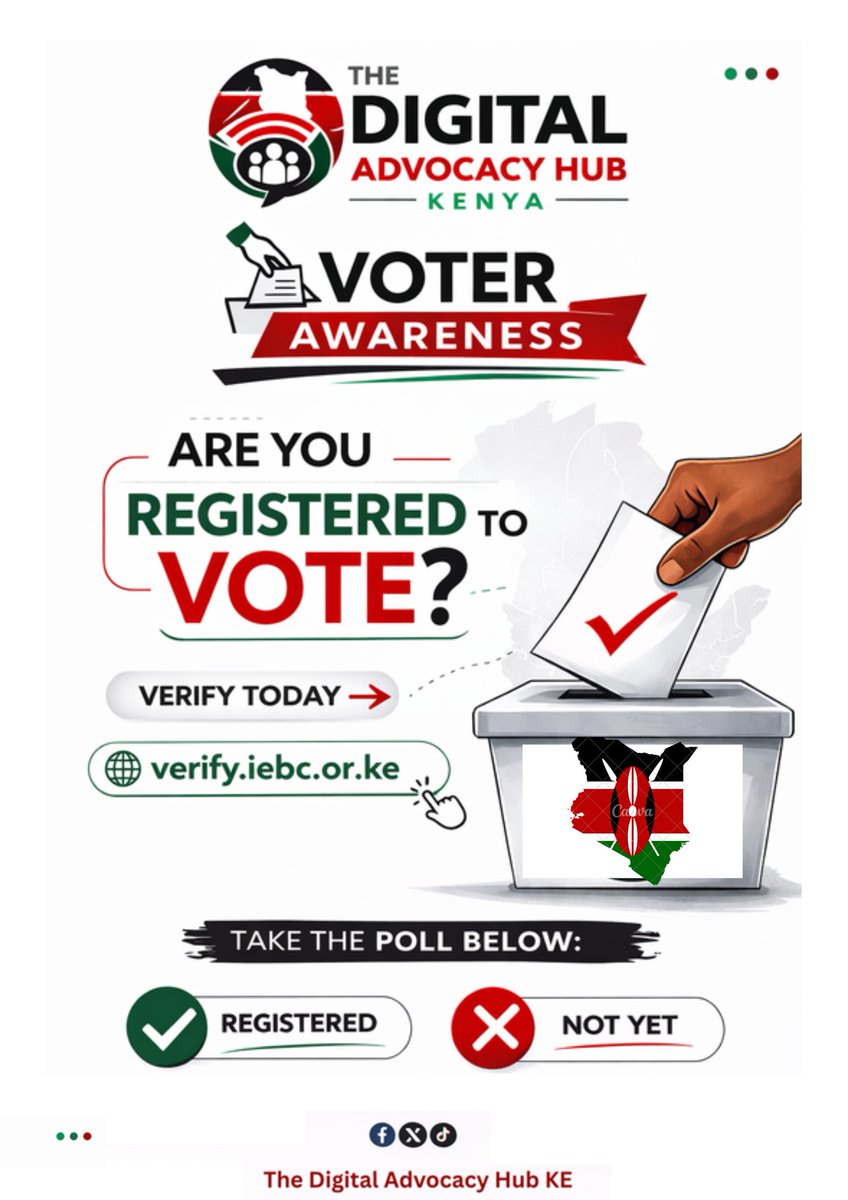 AdvocacyHubKe's tweet photo. 🗳 Voter Awareness Reminder
Umejisajili kuwa mpiga kura?
👉Hakikisha: https://t.co/z3P38Usuku
Have you checked?
✅ Registered
❌ Not yet
Don’t wait. Check your status and be ready to vote. 🇰🇪
#TheDigitalAdvocacyHub #VoterAwareness #ReadyToVote https://t.co/6QSUa8fIRb