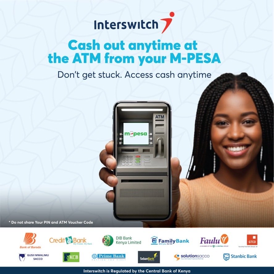 InterswitchKE's tweet photo. Did you know that you can cash out from your MPESA at the ATM? Don’t get stuck. Your cash is always within reach. 

Interswitch has enabled this service at over 2,300 partner ATMs nationwide. You can access cash 24/7 with no float issues. 

Visit Bank of Baroda, Credit bank, DIB bank, Family bank, Faulu, Gussi Mwalimu Sacco, GTCO, KCB, Prime bank, Sidian, Solution Sacco, Stanbic bank, 

Simple and Hassle Free.

#InterswitchKenya #MPesaAgent555555