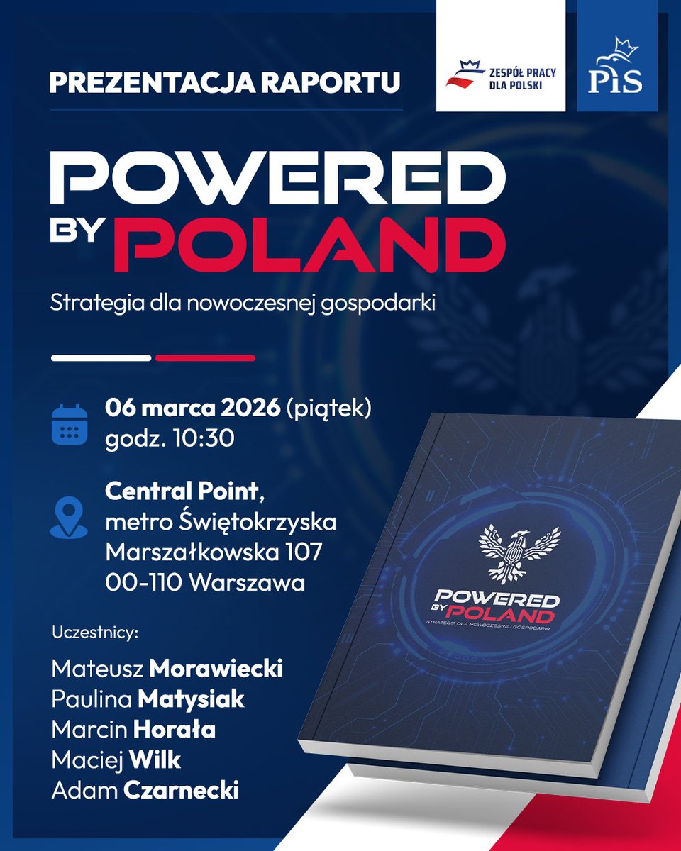 Już w najbliższy piątek o 10:30 premiera raportu #PoweredbyPoland🇵🇱 czyli mojej strategii budowy silnej, polskiej gospodarki! Bądźcie z nami! 
<a href="/PolaMatysiak/">Paulina Matysiak 🇵🇱</a> <a href="/mhorala/">Marcin Horała</a> <a href="/MacVVilk/">Maciej Wilk ✈️🌎🇵🇱</a> <a href="/czardam/">Adam Czarnecki</a>