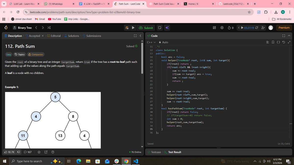 MayankK53059499's tweet photo. #day129 of Coding
solved a tree problem 112 to find path sum
Github https://t.co/vZPwxkU9W1
portfolio : https://t.co/w86UynOIGH
Searching for internship or full time opportunity as developer or software trainee
7303070742
mk20040307@gmail.com
#100DaysOfCode #BuildInPublic https://t.co/OFlxnT4dPa