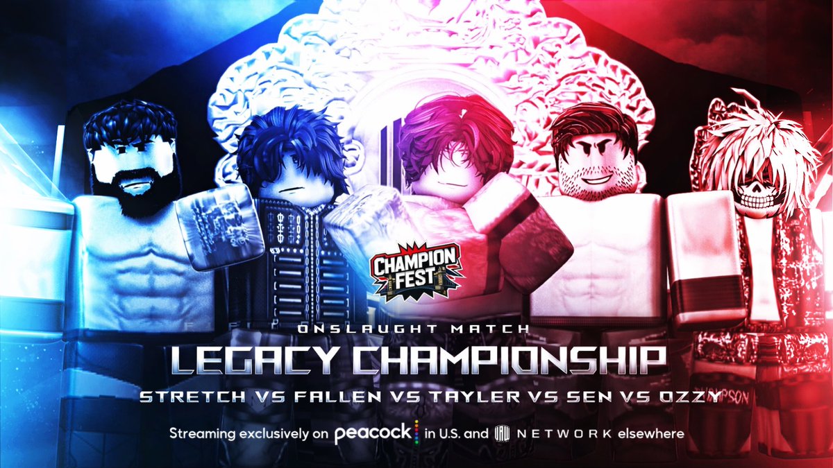 UAWROBLOX's tweet photo. This Sunday | Champions Fest
It will be #StretchBalor , #FallenMorton , #TaylerCatclysm (Replaced) , #SenBeniot and #OzzyThompson fighting in a onslaught match for the right to be the first ever Legacy Champion.
Who will walk out as Legacy Champion👀 https://t.co/lqZ2KFypz2