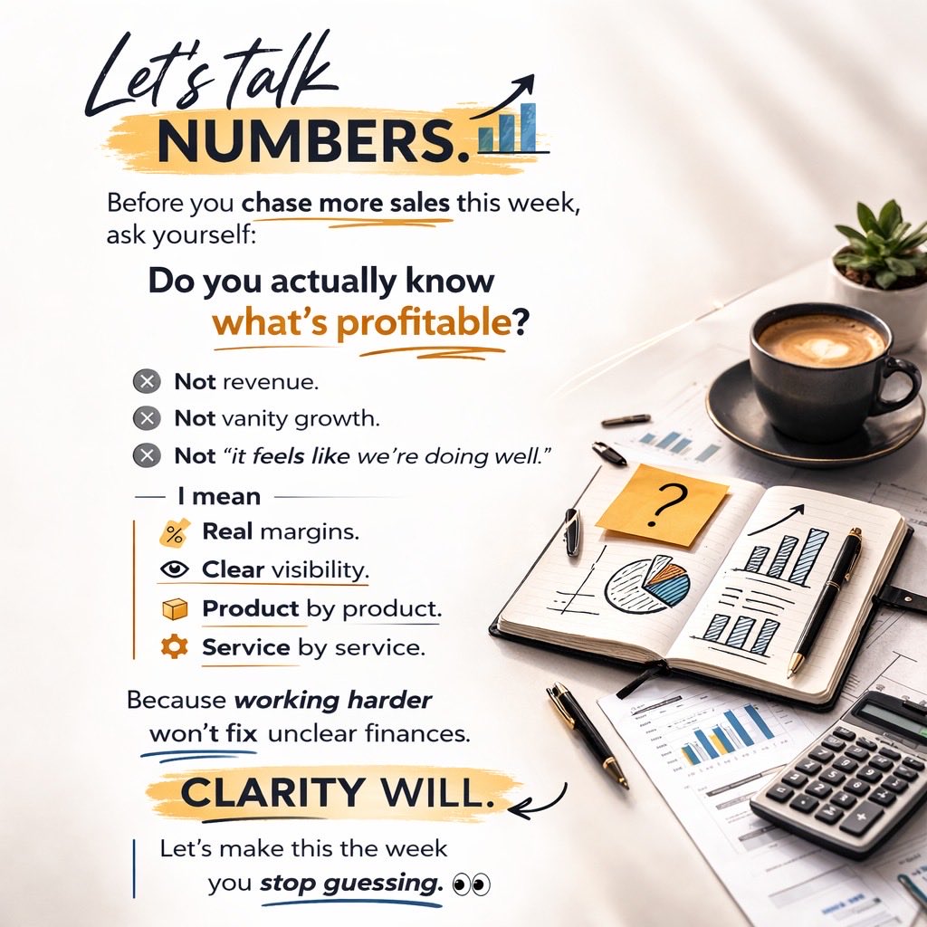 Let’s talk numbers. 📊

Before you chase more sales this week, ask yourself:

Do you actually know what’s profitable?

Not revenue.
Not vanity growth.
Not “it feels like we’re doing well.”

I mean real margins.
Clear visibility.
Product by product... read more 👇