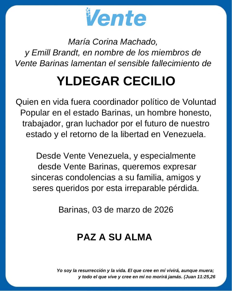 VenteBarinas's tweet photo. Vente Barinas, lamenta el sensible fallecimiento de nuestro amigo 

YLDEGAR CECILIO

Quien en vida fuera coordinador político de Voluntad Popular en el estado Barinas y un incansable luchador por el retorno de la democracia y la libertad en Venezuela.

PAZ A SU ALMA. https://t.co/VdeGVpfGUS
