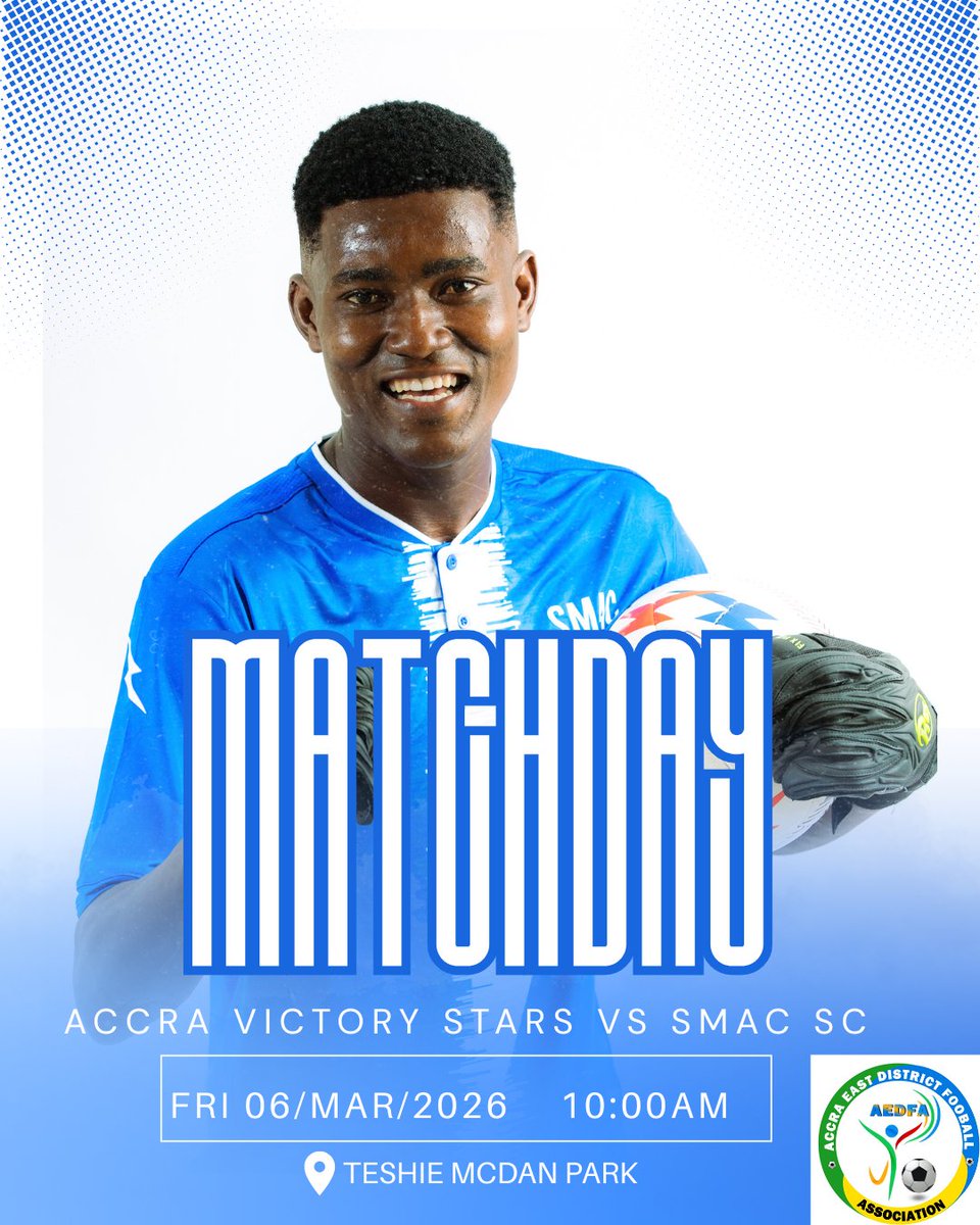 ⚔️ MATCH DAY
Accra Victory Stars 🆚 SMAC SC
🕙 10AM
📍 Teshie McDan Park
Time to compete. 🔥⚽