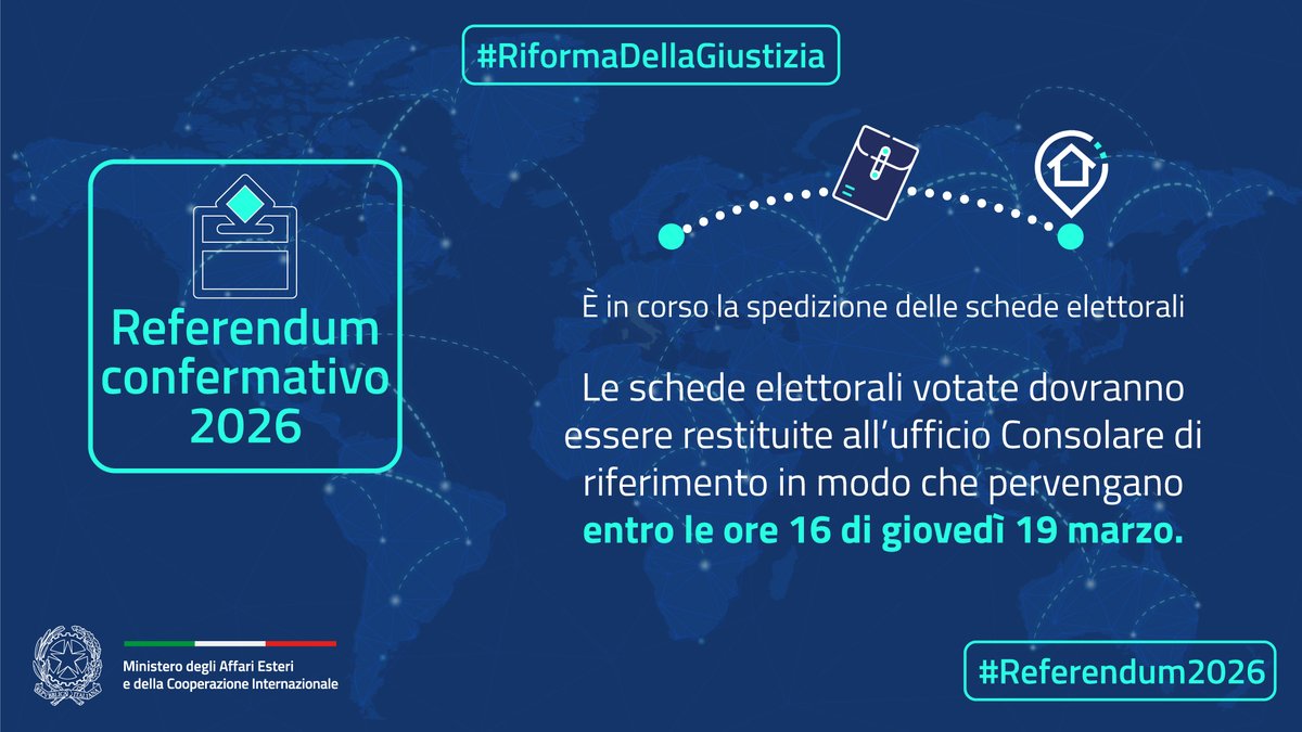 📨E' in corso la spedizione delle schede elettorali!
⚠️La busta preaffrancata contenente le schede elettorali dovrà pervenire al Consolato entro le ore 16.00 di giovedi 19 marzo. 
ℹ️Nel foglio informativo troverai tutte le indicazioni.
 #Referendum2026