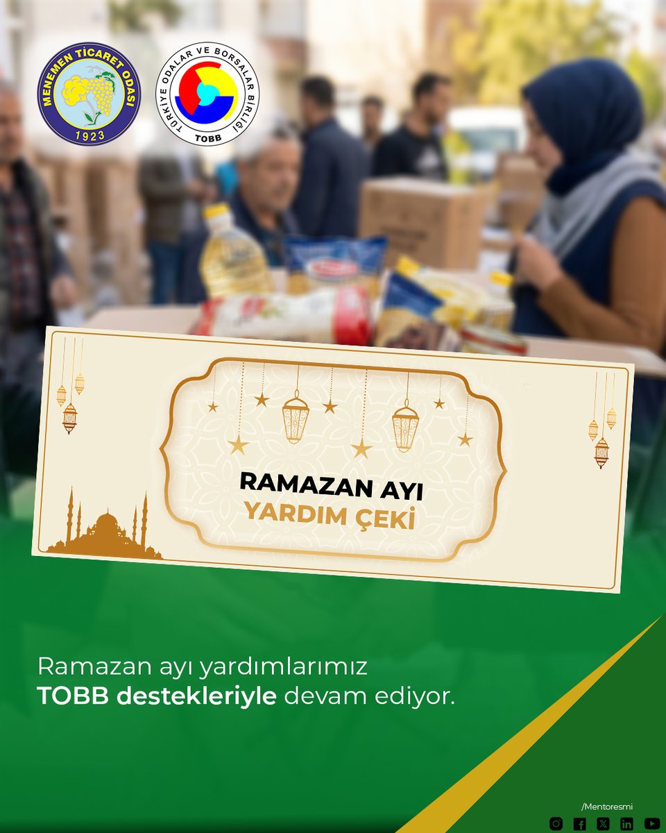 Türk iş dünyasının çatı kuruluşu olan Türkiye Odalar ve Borsalar Birliği’nin (TOBB) öncülüğünde ve destekleriyle her yıl geleneksel olarak gerçekleştirilen Ramazan ayı yardımları, Odamızın katkıları ve aracılığıyla ihtiyaç sahiplerine ulaştırılmaya devam etmektedir.