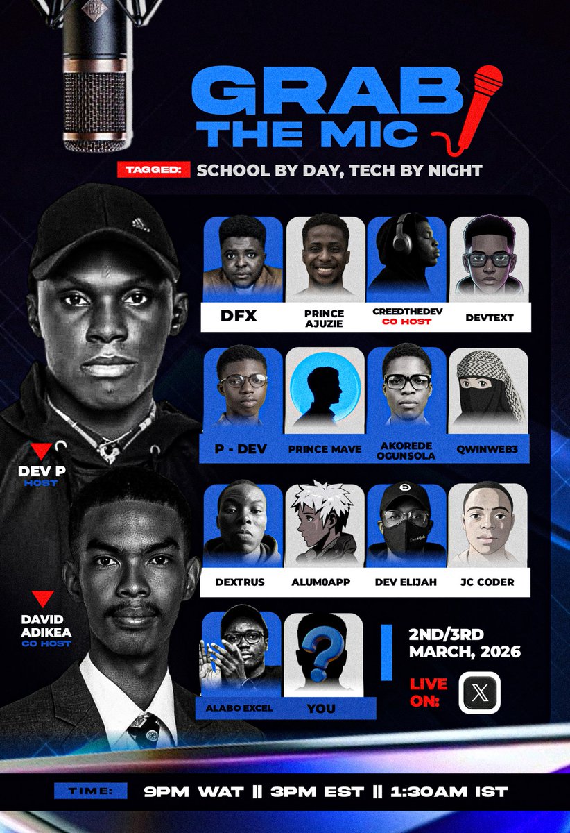 🚨 Day 2 Final Lap: GRAB THE MIC 🎙️
School by day. Tech by night. 💻✨

Tonight, we wrap up with real conversations, real insights.

If you’re a dev, designer, founder, or tech enthusiast this space is for you.
Pull up. Listen. Share. 🚀
#TechTwitter
x.com/i/spaces/1lJQR…