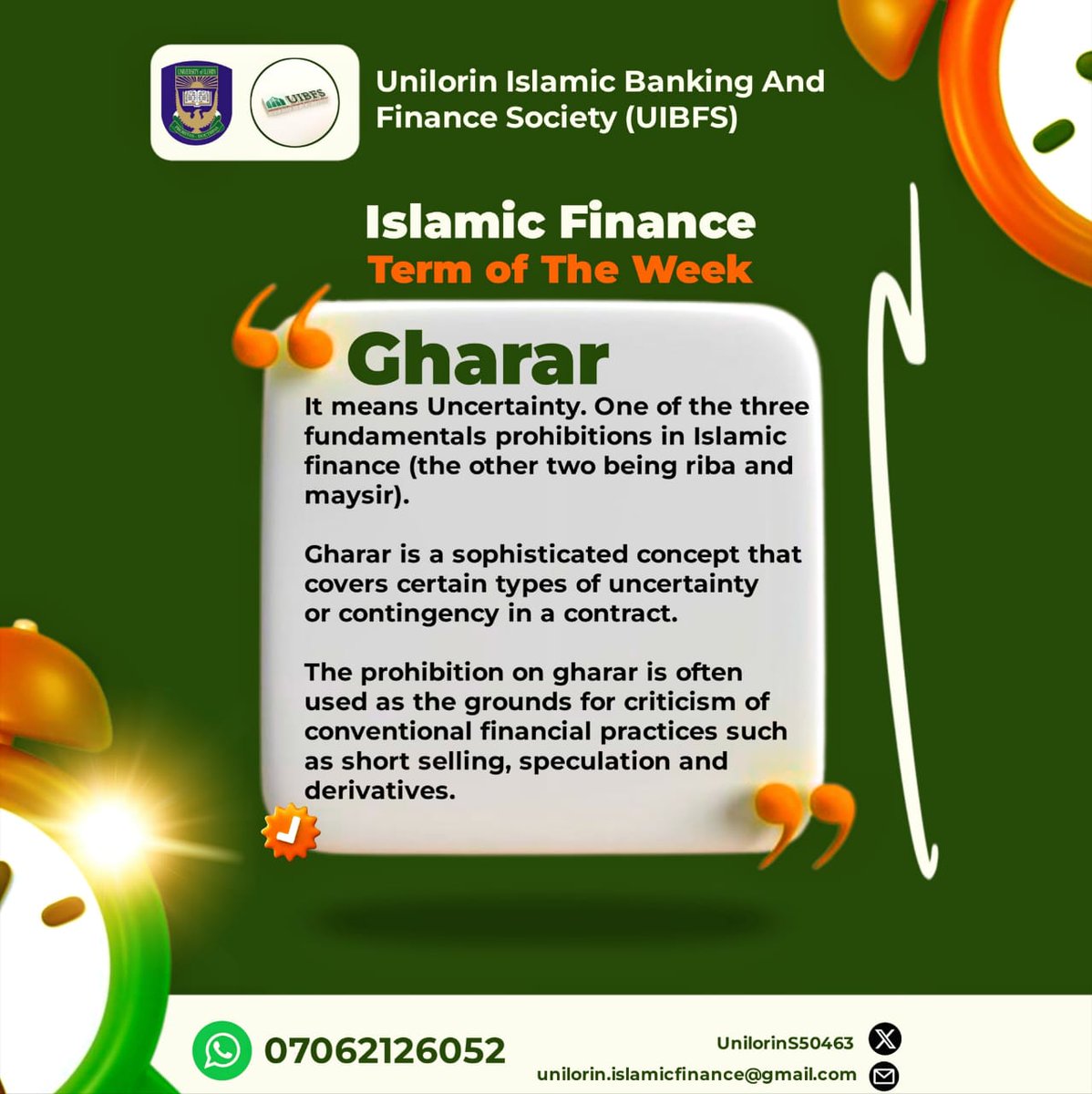 UnilorinIBFS's tweet photo. ISLAMIC FINANCE TERM OF THE WEEK: GHARAR

Example:
A person pays for a car online without knowing its exact condition, mileage, or even whether the seller truly owns it. The details are unclear, and delivery is not guaranteed.. 1/2 https://t.co/1wY6ZLyRiA