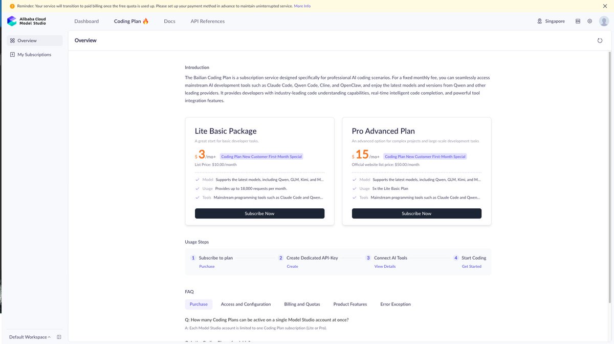 itsazko's tweet photo. BTW! I noticed a new page "Coding Plan" in their Model Studio page, I don't see this page yesterday. With this page comes live

I think Alibaba is emphasizing users to use Coding Plan rather than the PAYG?

Looks like Alibaba Cloud team is cooking 🔥 https://t.co/NJVXRdLZSU