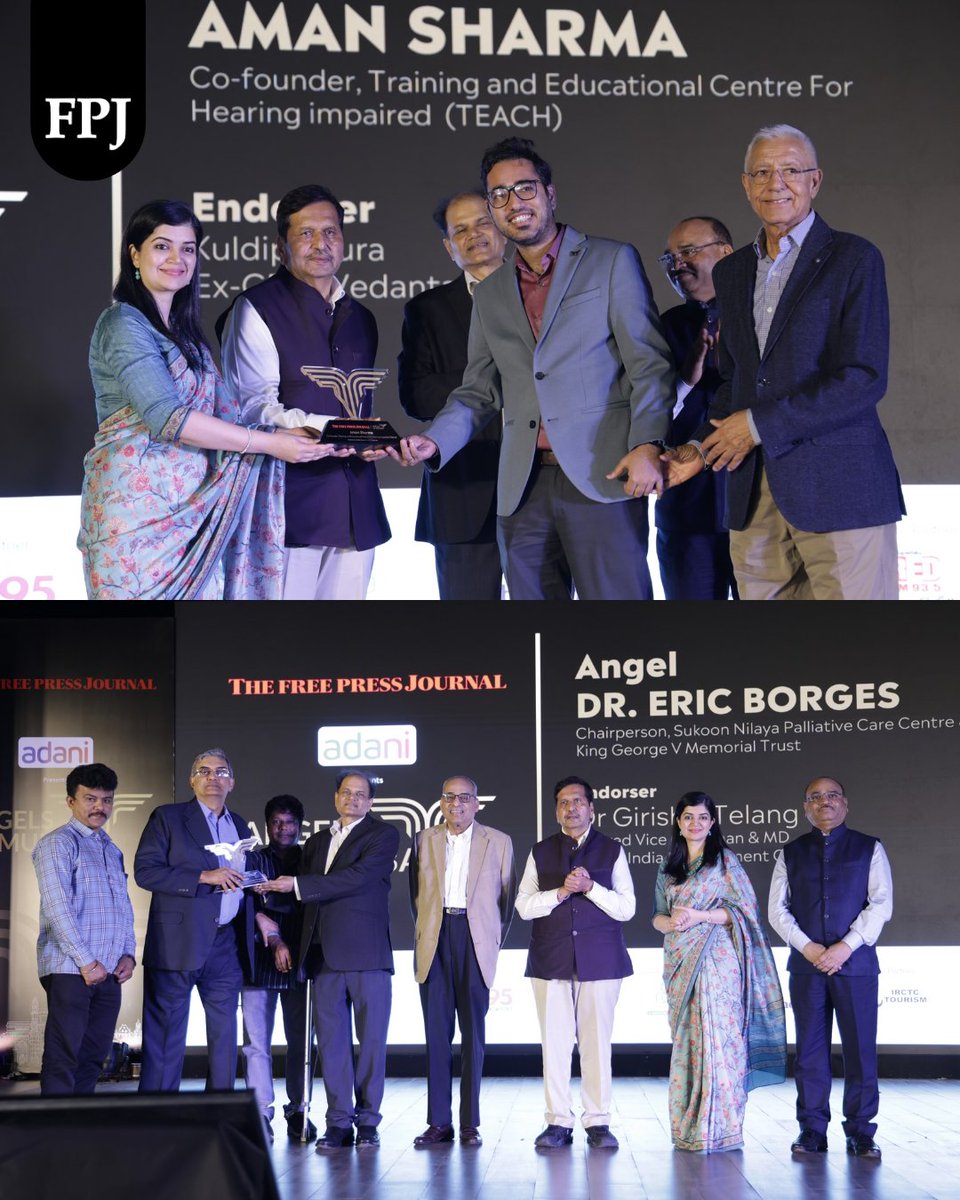fpjindia's tweet photo. The Free Press Journal's Angels of Mumbai Season 2025 felicitated 11 changemakers who have been transforming Mumbai’s social landscape.

Here are the winners: Gargi Mashruwala, Director, St. Jude India Child Care Centres; Padma Shri Fr. Joseph Pereira, founder, Kripa Foundation; Aman Sharma, Co-founder, Training and Educational Centre for Hearing Impaired (TEACH); Dr Tatyana Dias, Founder & CEO, Veruschka Foundation; Pushpa Subramanian and Lata Srinivasan, Co-founders, Gyaandaan Foundation (Sampoorna Shiksha); Hutokshi Rustomfram, Founder-Trustee, Save Rani Bagh Botanical Garden Foundation; Dr Eric Borges, Chairperson, Sukoon Nilaya Palliative Care Centre & King George V Memorial Trust; Kedar Sohoni, Founder, Green Communities Foundation; Rashmi Misra, Founder-President, VIDYA; Sheetal Agarwal, Founder & Director, Clownselors Foundation; and Paramjeet Singh, Co-founder, DBM India.

 @frjoepereira @VeruschkaFdn @bluewhale_waves @sampoornashik @Vidya_India @iyerkavi @7_Poojapatel @clownselors @DBMission @RonnieScrewvala @MPLodha