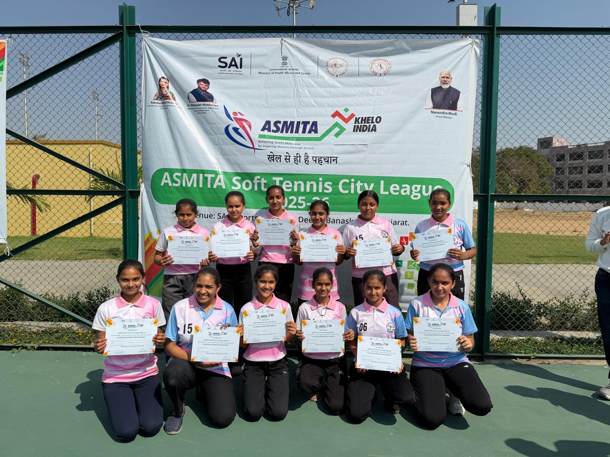 AsmitaLeague's tweet photo. The ASMITA Soft Tennis City League 2025–26 was successfully conducted at SAG Sports Complex, Deesa, Banaskantha, Gujarat, marking another significant step towards empowering women through sports. 🎾✨

#ASMITA #KheloIndia #WomenInSports #SoftTennis #CityLeague #SportsForAll https://t.co/SndHlAiidU