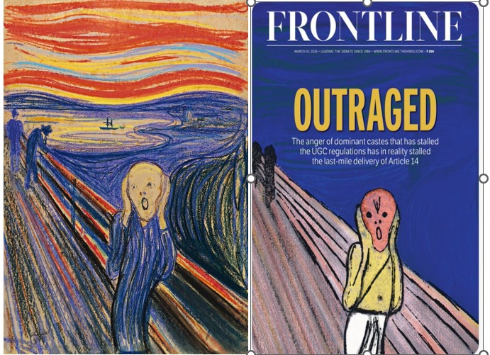 We all know that <a href="/the_hindu/">The Hindu</a> doesn't have any originality &amp; they just copy the marxist-woke ideology in the guise of intellectualism!
But do you know that they even copy the cartoons?

This cover page of <a href="/frontline_india/">Frontline</a> March edition has been flicked from "The Scream" - an art