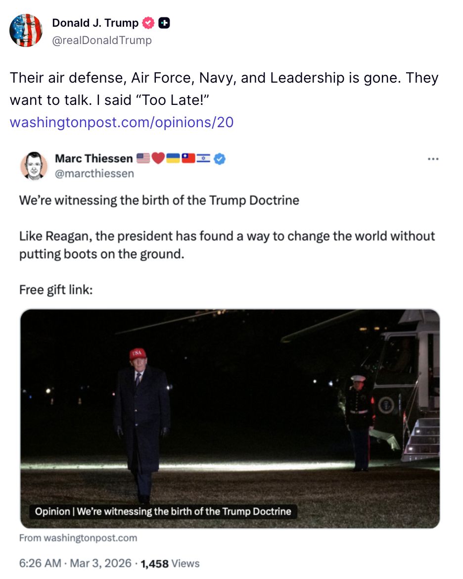 🚨🇺🇸🇮🇷 Trump on Iran: 

"Their air defense, Air Force, Navy, and Leadership is gone. 

They want to talk. I said 'Too Late!'"

Source: Truth Social <a href="/realDonaldTrump/">Donald J. Trump</a>