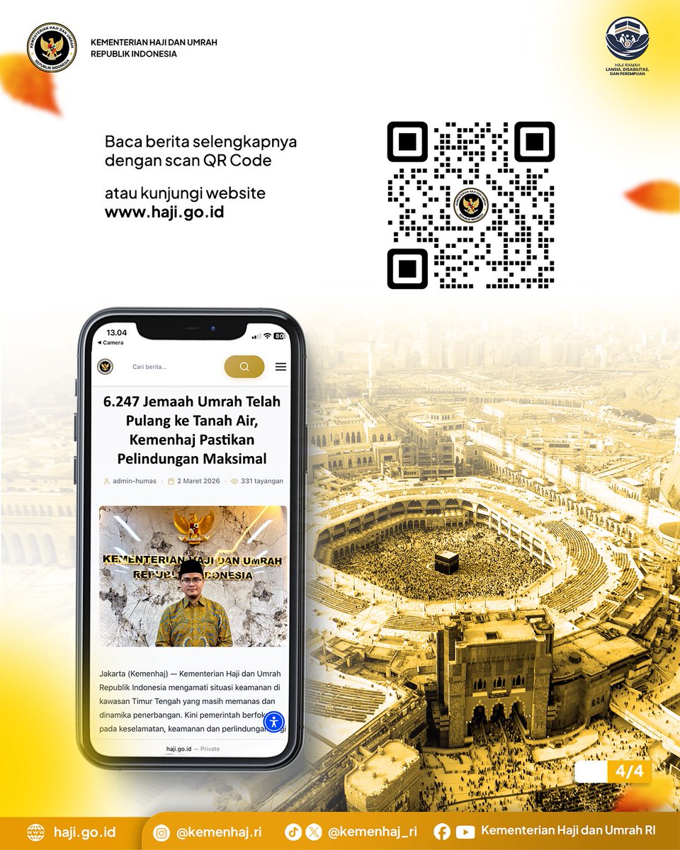 𝟔.𝟐𝟒𝟕 𝐉𝐞𝐦𝐚𝐚𝐡 𝐔𝐦𝐫𝐚𝐡 𝐓𝐞𝐥𝐚𝐡 𝐊𝐞𝐦𝐛𝐚𝐥𝐢 ✈️🇮🇩

Assalamu’alaikum #SobatHaji

Alhamdulillah, 6.247 jemaah umrah telah kembali ke Tanah Air dengan aman dan tertib.

Di tengah dinamika situasi saat ini, Kemenhaj RI terus mengawal proses kepulangan secara bertahap.
