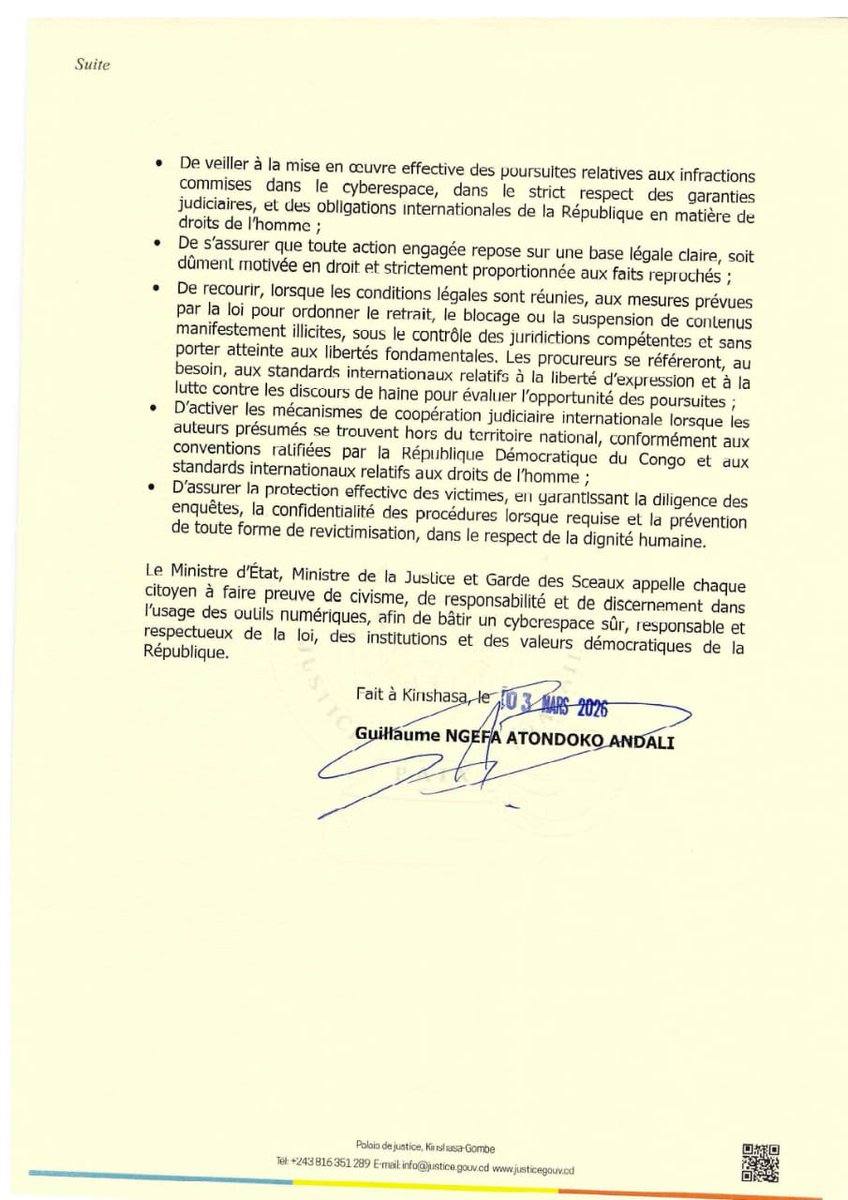 immaculeebwasso's tweet photo. #RDC 🇨🇩 | Le gouvernement souhaite renforcer l’encadrement des réseaux sociaux.
Le ministre de la Justice et les autorités numériques sont appelés à proposer et mettre en œuvre des mesures conformes au Code du numérique et aux droits fondamentaux.
#HabariVox #MinJustice #CyberSécurité #RDC